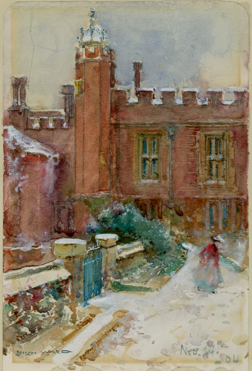Hampton Court Sarayı'nda karda bir figür, 24 Kasım 1904 (kağıt üzerine suluboya) by Enoch Ward