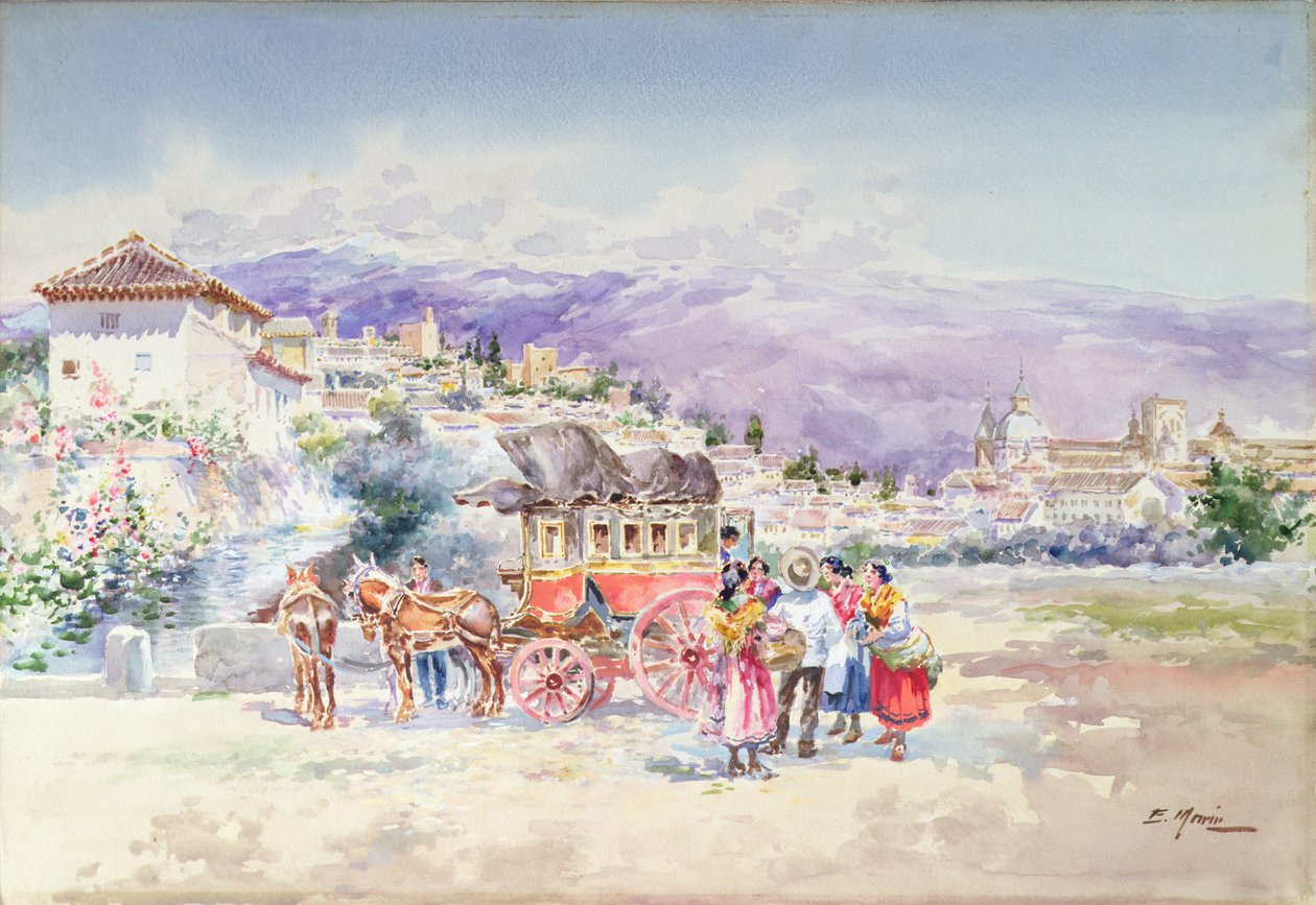 Bir Posta Arabasından inen yolcular (kalem ve sulu boya) by Enrique Marin Higuero