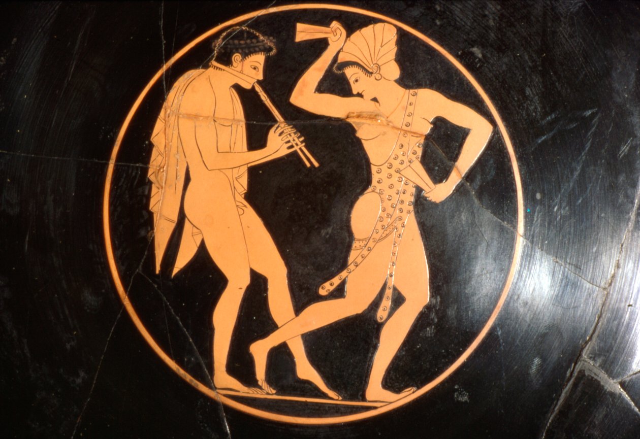 Fincan İçme, Flüt Çalan Gençlerle Dans Eden Kız Kylix, Tavan Arası, MÖ c510 by Epikektos