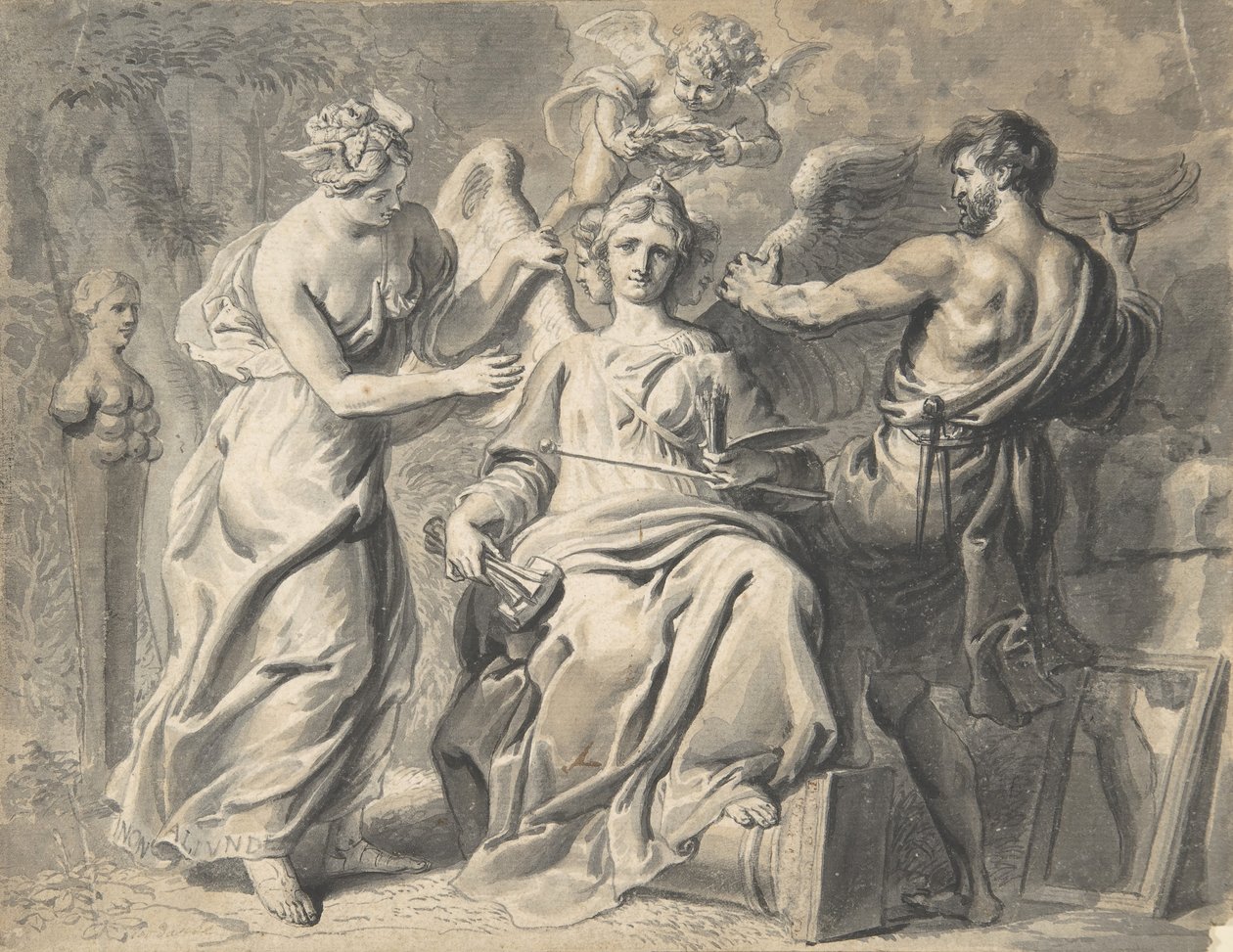 Üç Başlı Figürde İsis ve Geometri ile Bir Sanat Alegorisi..., 17. Yüzyıl by Erasmus Quellinus