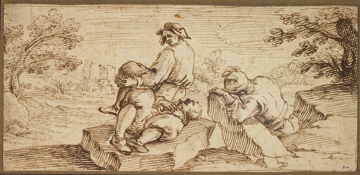 Bir Manzarada Dinlenen Üç Figür (kağıt üzerine kalem ve kahverengi mürekkep) by Ercole Bazzicaluva