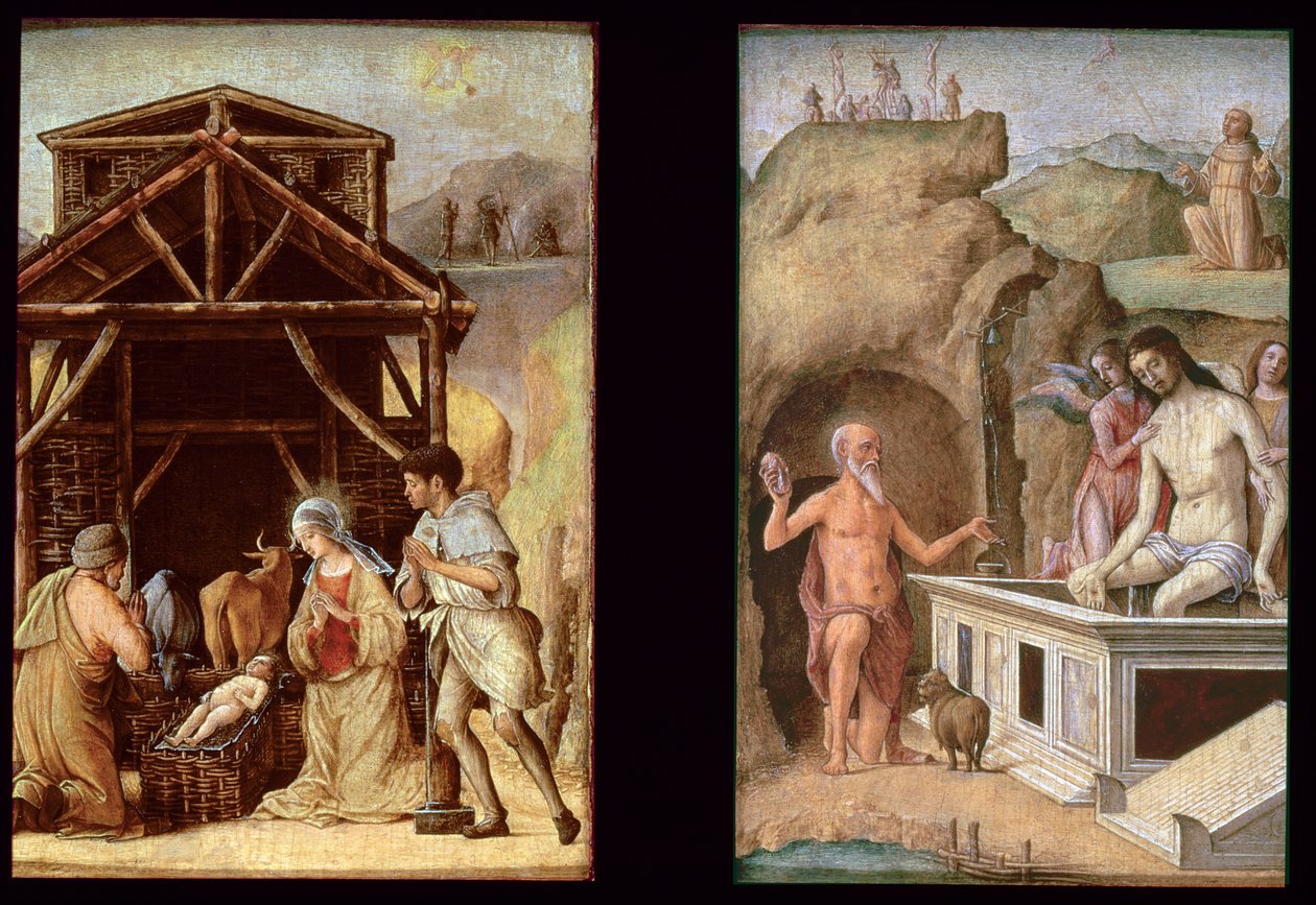 Çobanların Tapınması ve Ölü İsa, c.1490 (paneller) by Ercole de Roberti