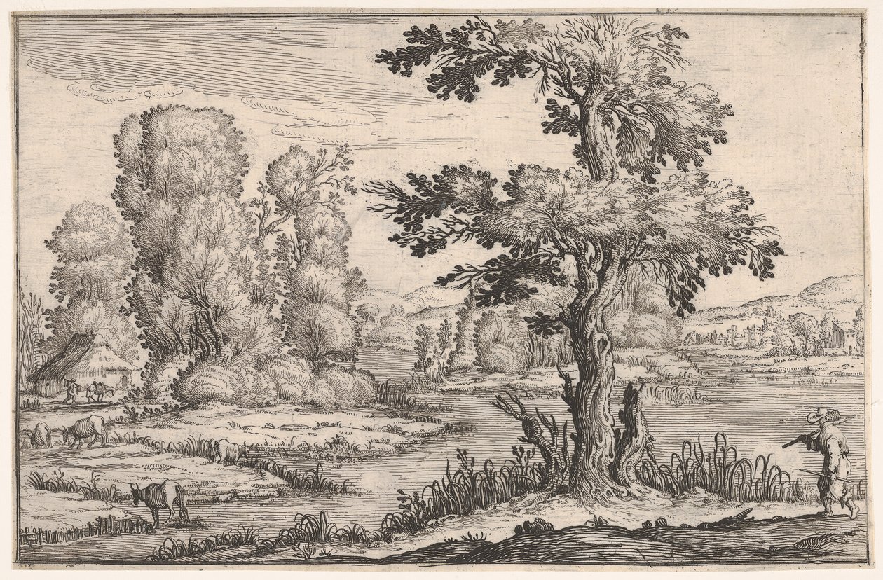 Bir nehir kenarında otlayan keçilerin olduğu manzara ve sağ ön planda bir figür, bir ser..., 1638. by Ercole Bazicaluva