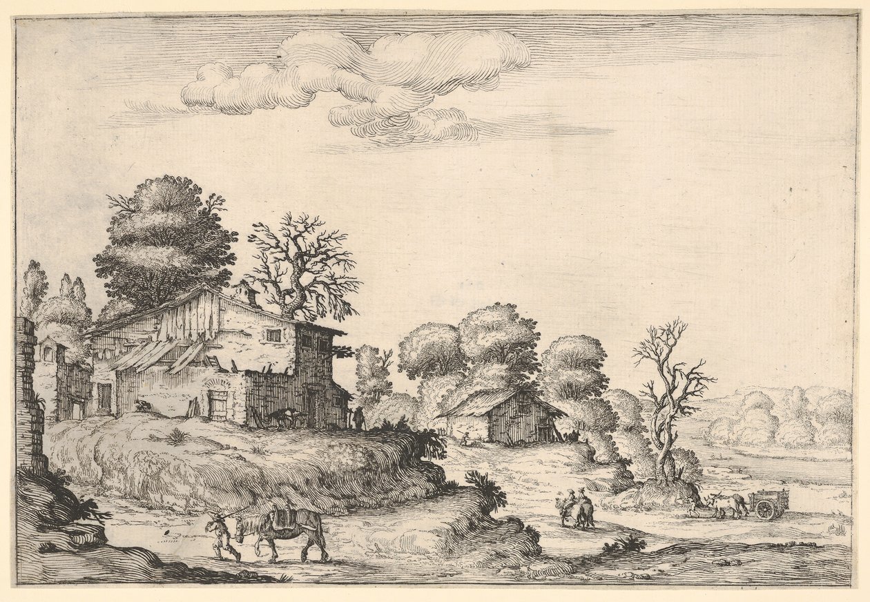 Köylü konutları ve sol ön planda bir ata önderlik eden bir adam ile manzara, ..., 1638. by Ercole Bazicaluva