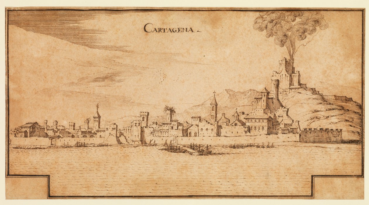 Cartagena, İspanya, 1642 dolaylarından bir görünüm (döşemiş kağıt üzerinde kalem ve kahverengi mürekkep, altta kahverengi mürekkep çerçeveleme çizgileri basılmış) by Ercole Frigoni Bazzicaluva