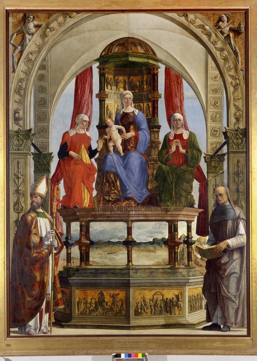Bakire Enthroned with Child, Saints Anne, Elizabeth, Augustine ve Blessed Pietro degli Onesti, 1479-91 by Ercole de Roberti