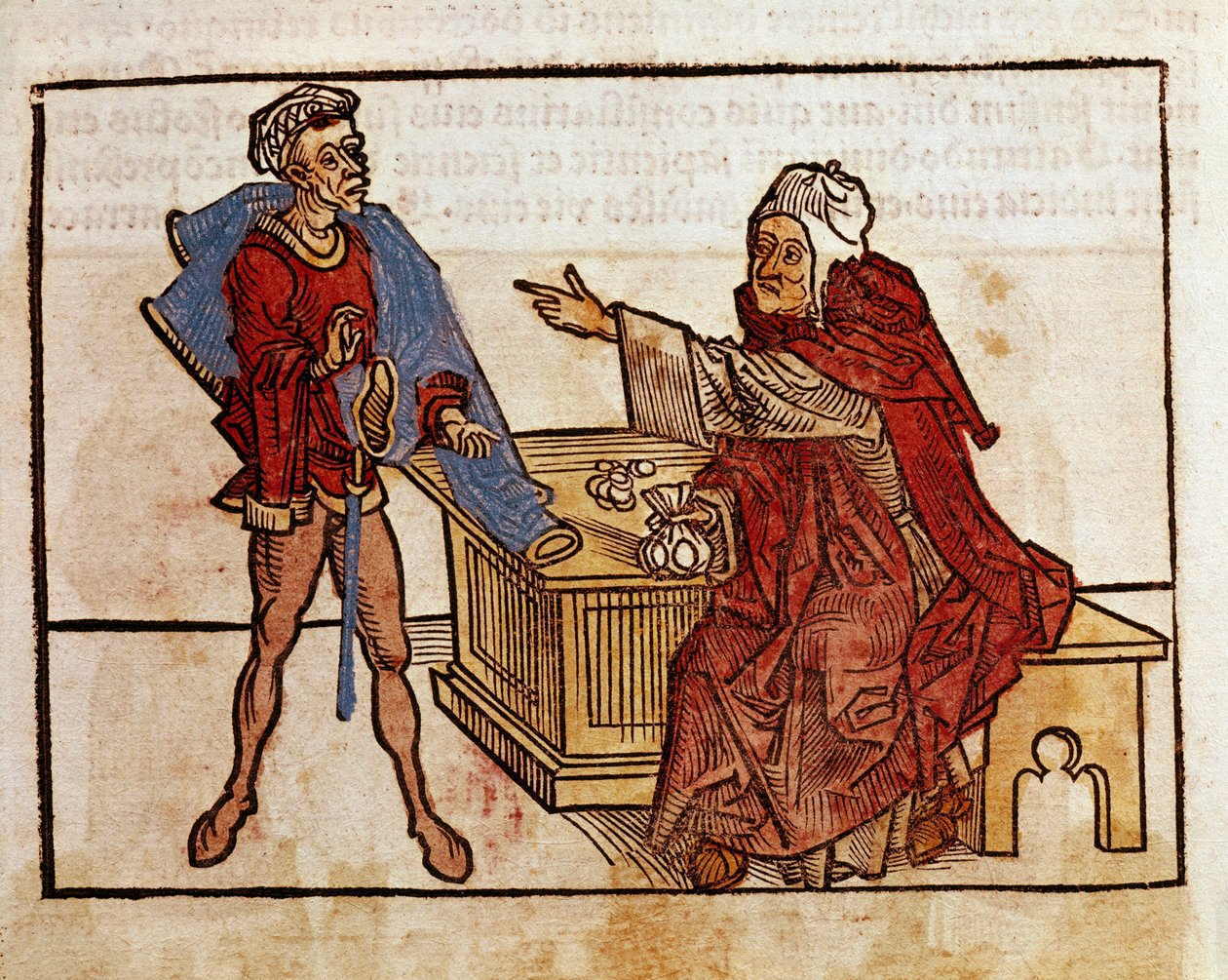 Bir Yahudi ile bir tefeci arasındaki işlem Bernard de Breydenbach (Breidenbach) Kutsal Topraklarında (1454-1497) yapılan hacdan sonra “peregrinatio in terram sanctam” seyahat kitabından alınan sayfa Erhard Reuwich tarafından yapılan gravürlerle resmedilmiş by Erhard Reuwich