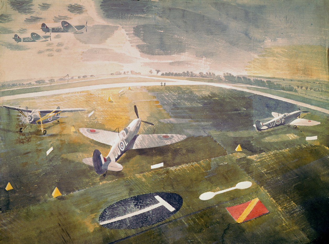 R.A.F. bir havaalanındaki uçaklar, 1942 by Eric Ravilious