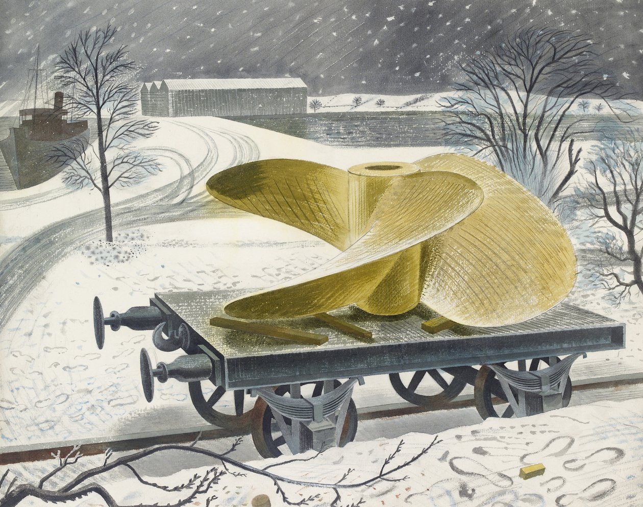 Demiryolu Kamyonu Üzerindeki Gemi Vidası (grafit üzerine sulu boya, kağıt üzerine) by Eric Ravilious