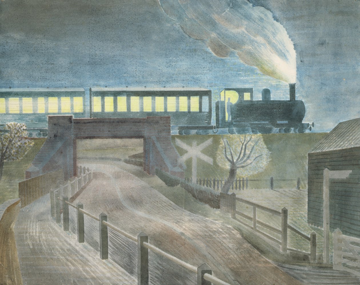 Geceleri bir köprüden geçen tren by Eric Ravilious