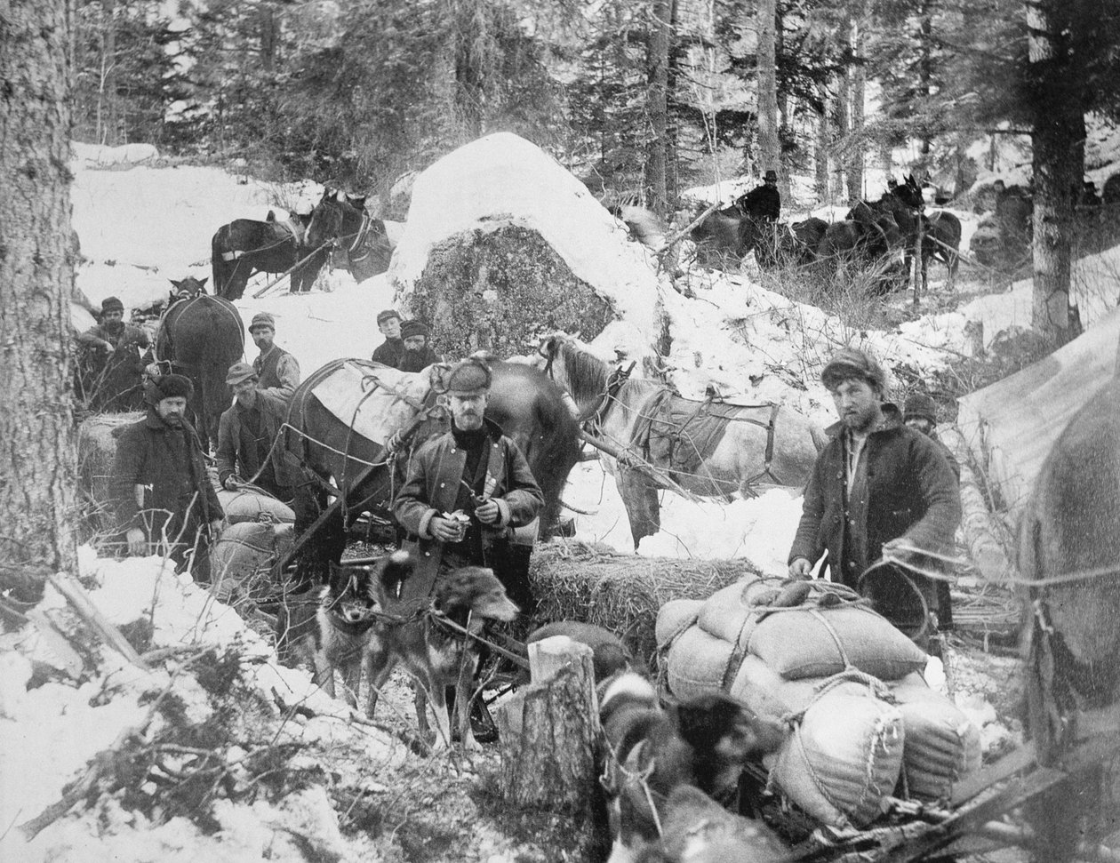 Klondike Altına Hücum (1897-98) 1898 sırasında Alaska'daki Skagway Patikasında Kirpi Tepesi'ne çıkan maden arayıcıları (s/b fotoğraf) by Eric A. Hegg