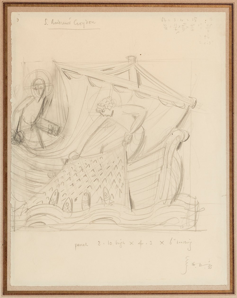 İsa ve balıkların mucizevi taslağı, Aralık 1933 (kağıt üzerine kurşun kalem) by Eric Gill