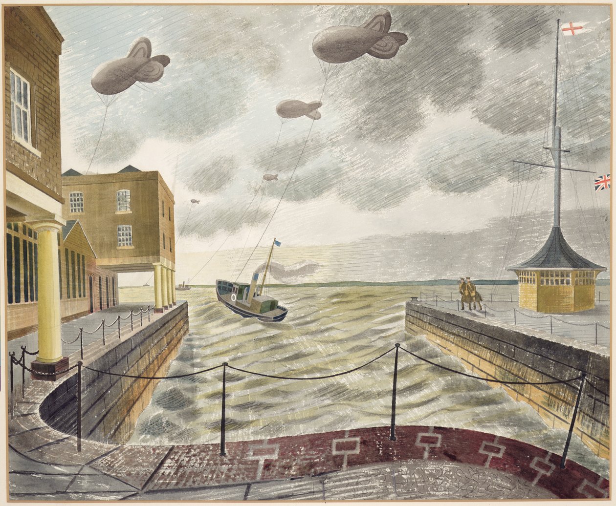 İngiliz Limanı Dışındaki Baraj Balonları (kağıt üzerine kurşun kalem ve sulu boya) by Eric Ravilious