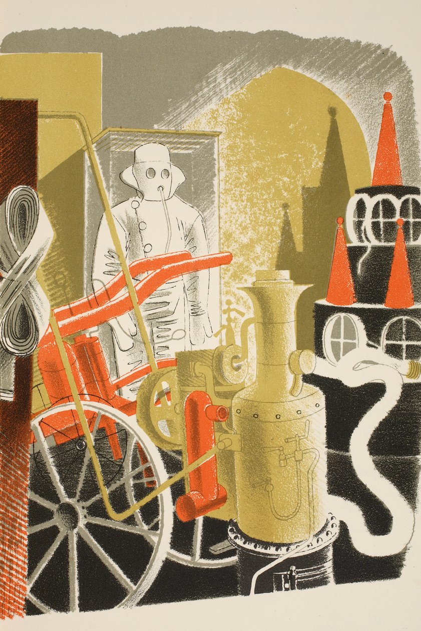 İtfaiye Mühendisi, JM Richards'ın 'High Street'inden çizim, Curwen Press, pub tarafından basılmıştır. Country Life tarafından, 1938 by Eric Ravilious