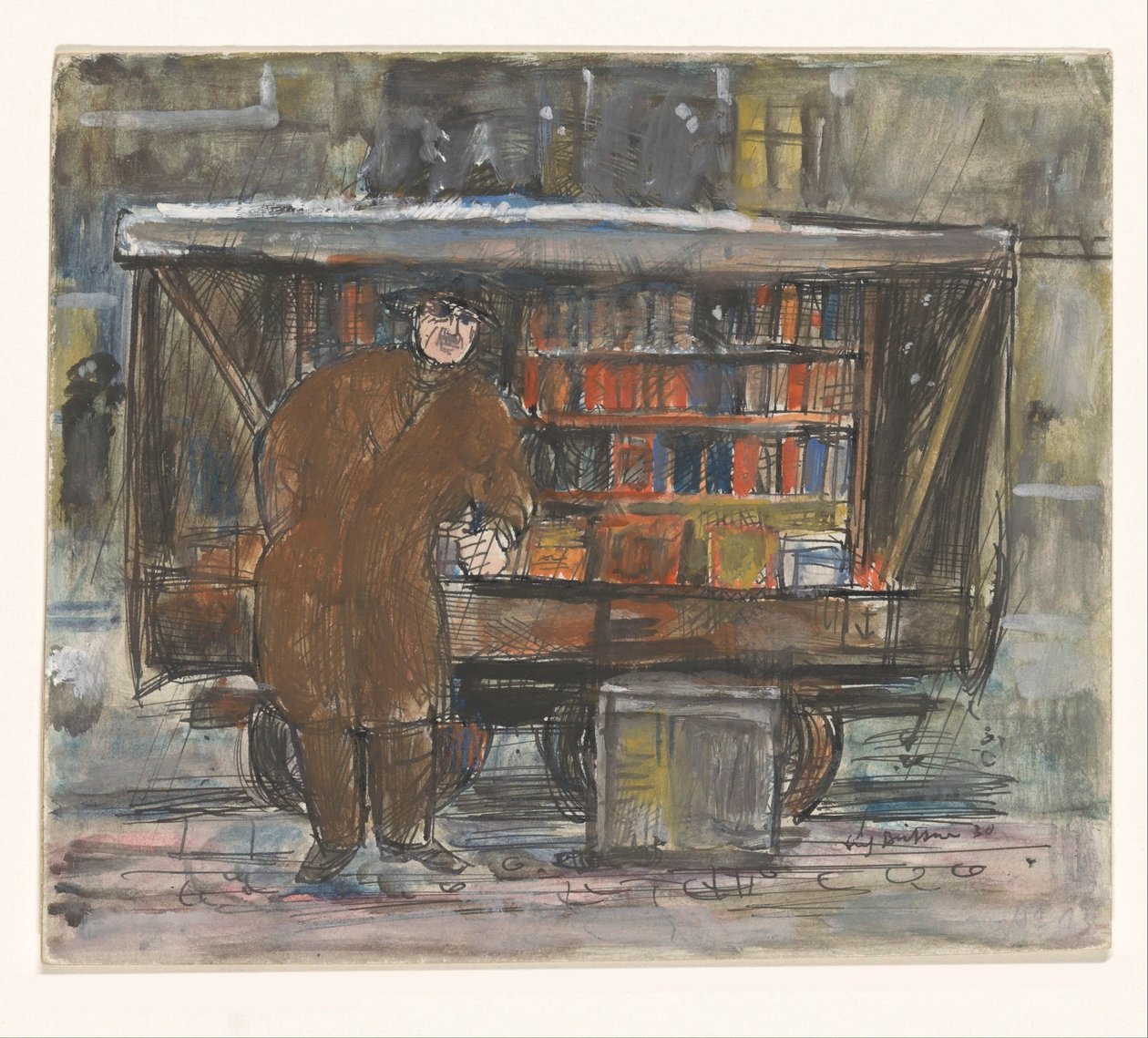 Kitapçı, kitap arabasının önünde by Erich Büttner (signed by artist)