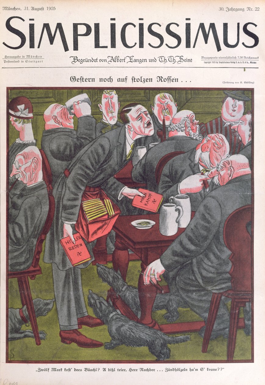 Adolf Hitler (1889-1945) Münih Birahanelerinde 'Mein Kampf' nüshalarını satıyor, 'Simplicissimus' kapağı, 25 Ağustos 1925 (renkli lito) by Erich Schilling