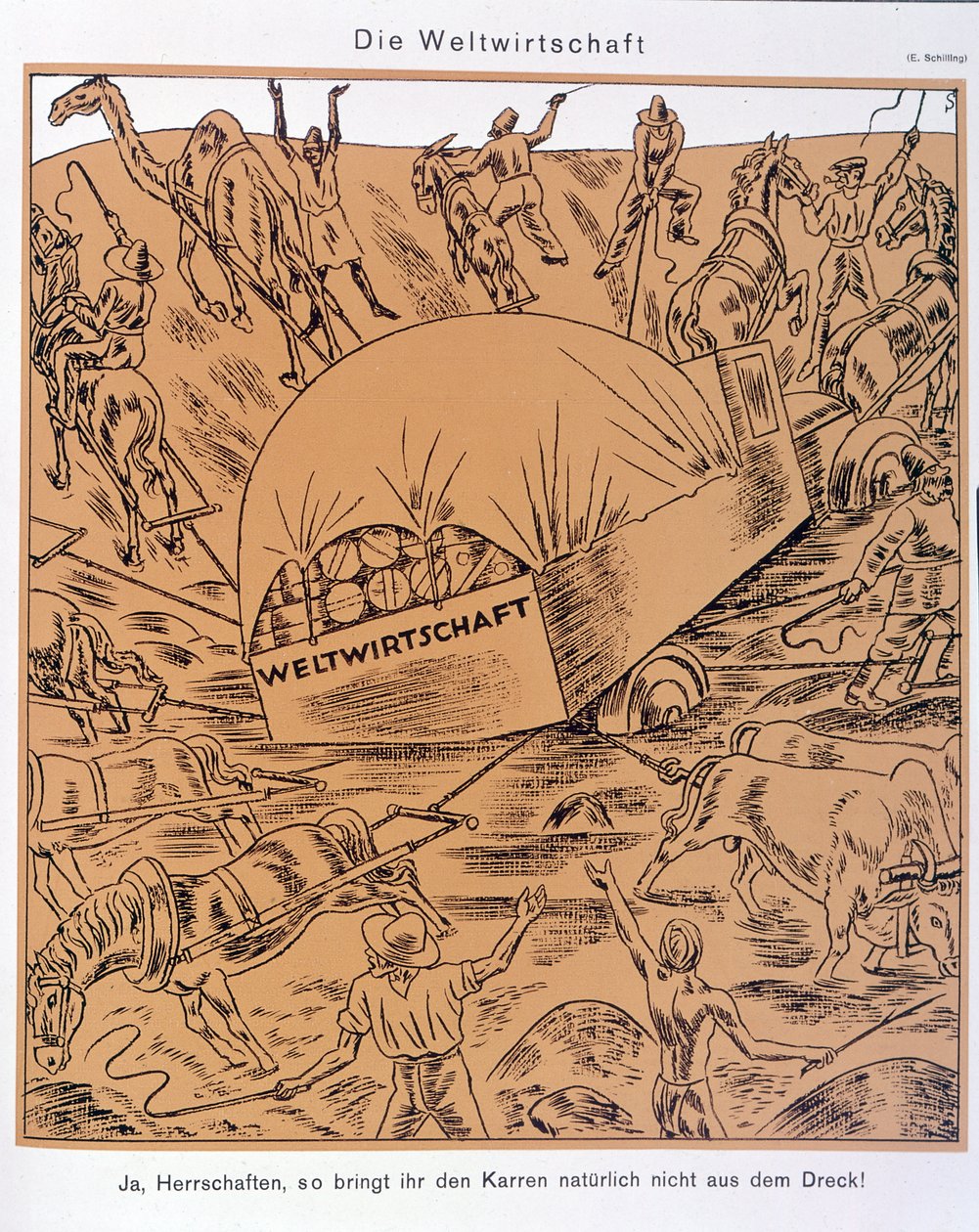 Küresel Ekonomi konulu hiciv, Simplicissimus, c. 1930 (litografi) by Erich Schilling