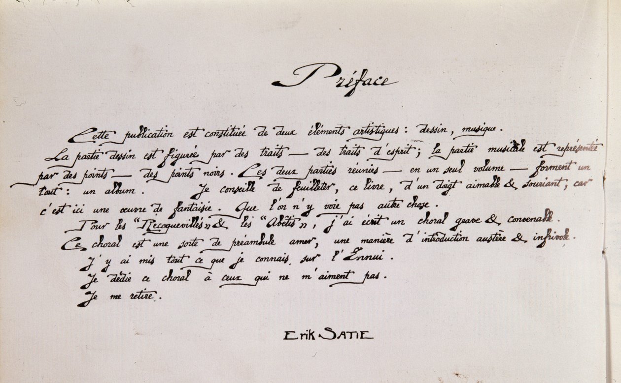 Çizimlerle birlikte notaların el yazması önsöz sayfası by Erik Satie