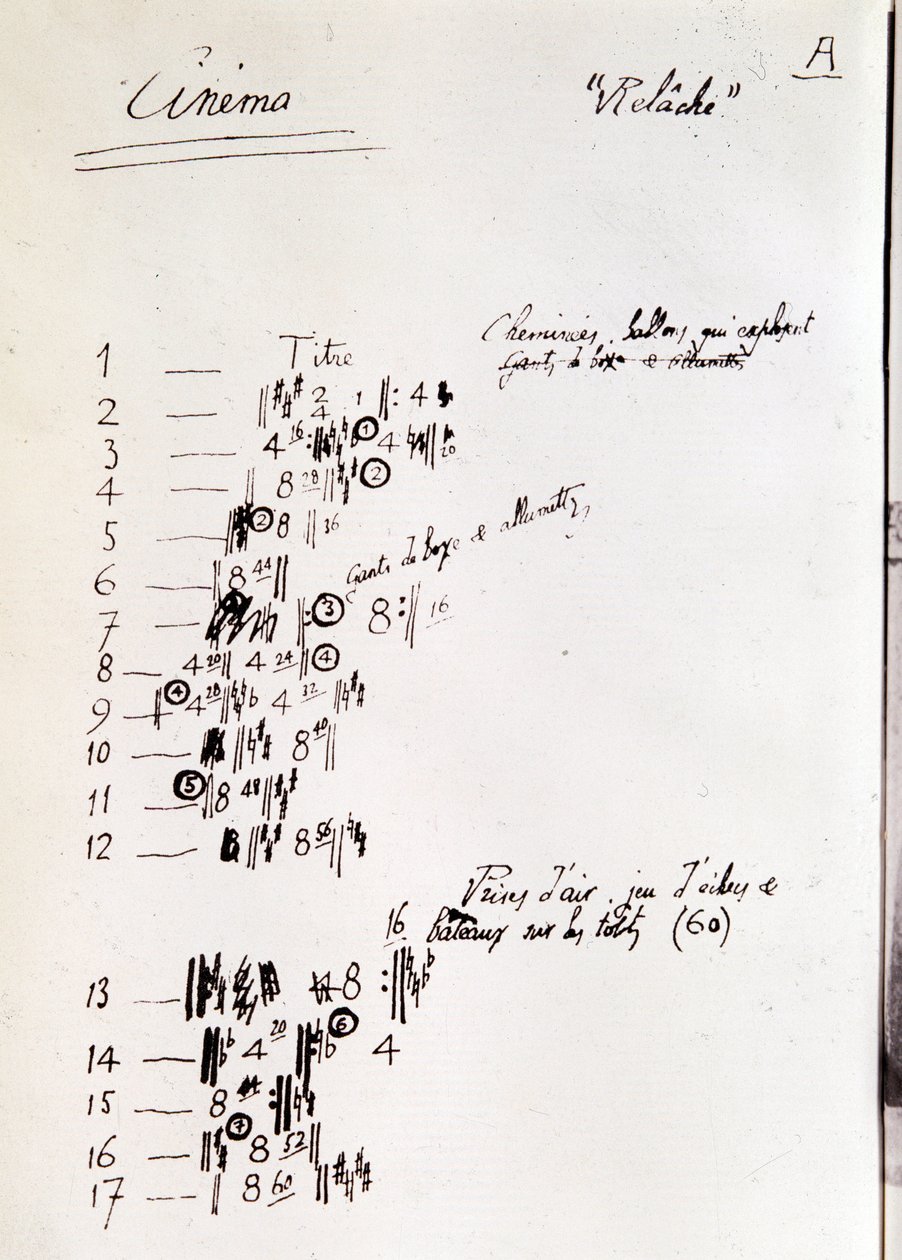Relache için notalar sayfası, sinematografik ara ile iki perdede bale by Erik Satie