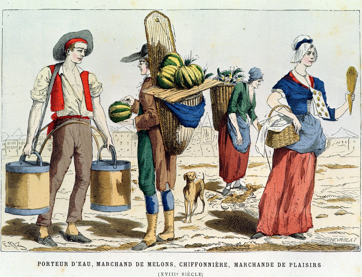 Su taşıyıcı; Kavun Satıcısı, Paçavra ve Kemikli Kadın ve Onsekizinci Yüzyılda Şekerleme Satıcısı, Costumes de Paris a Travers les Siecles ed. Roy, 1887