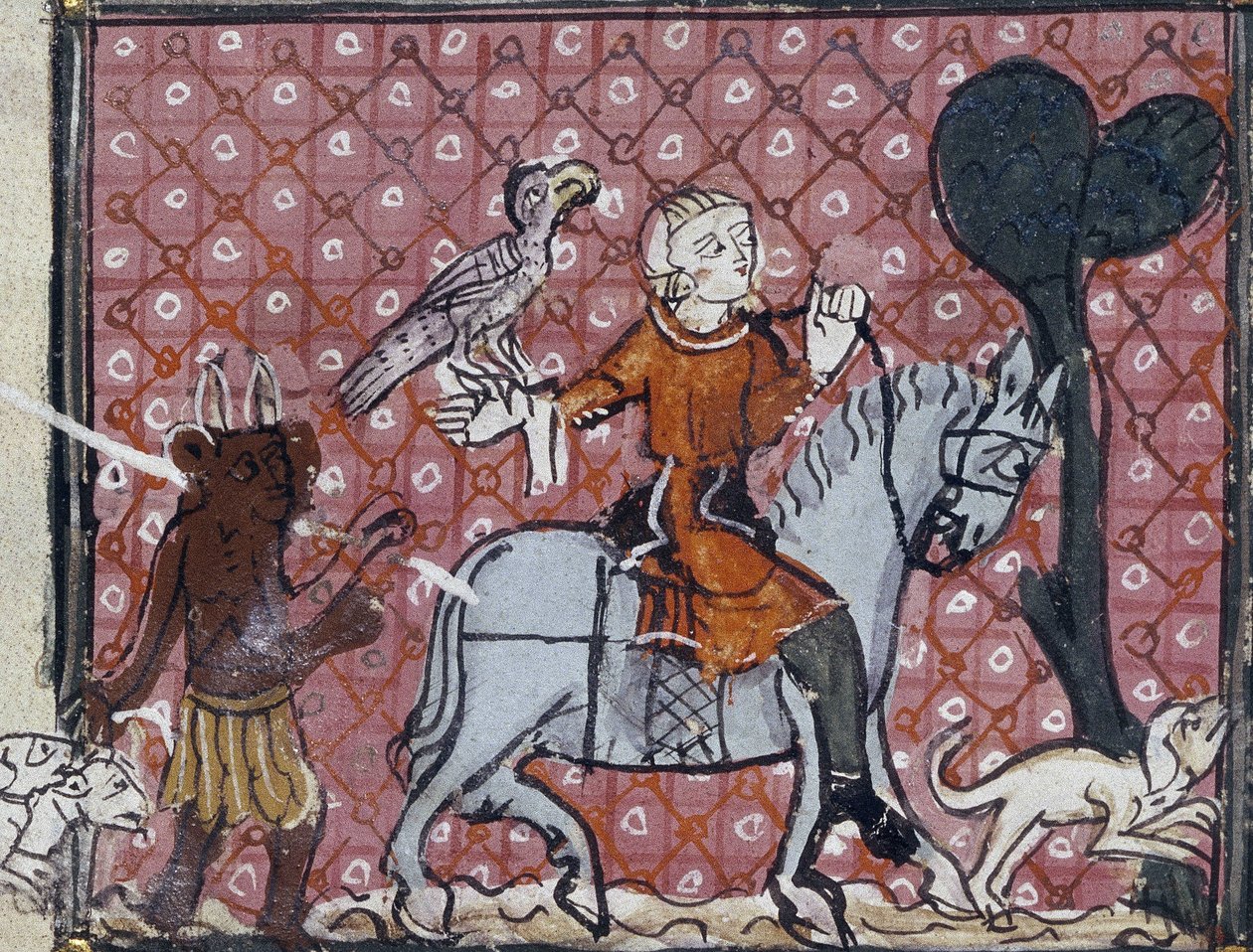 Roy 19 C I. Folio No: 204 Dünyevi kibirlerin günahı: Şahini ve tazısı olan bir biniciye bir şeytan yaklaşır. Matfre Ermengaud