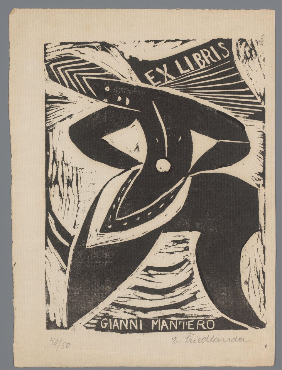 Ekslibris van Gianni Mantero by Erna Levy Friedländer (signed by artist)