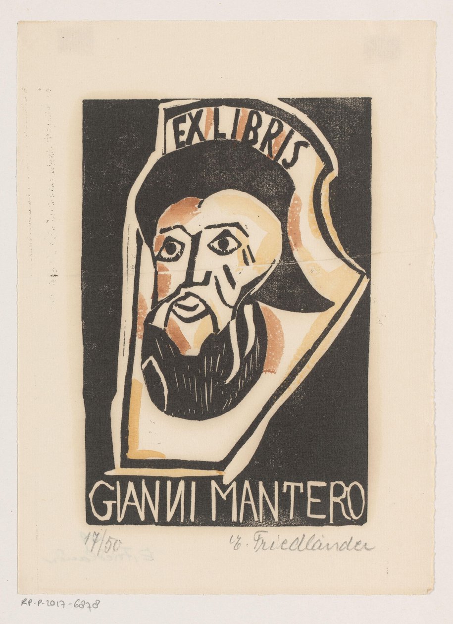 Ekslibris van Gianni Mantero by Erna Levy Friedländer (signed by artist)