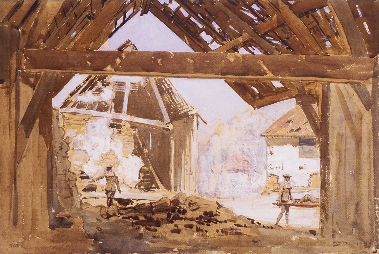 Gaz alarmı, 1919 (kağıt üzerine kalemle wc ve guaj) by Arthur Streeton