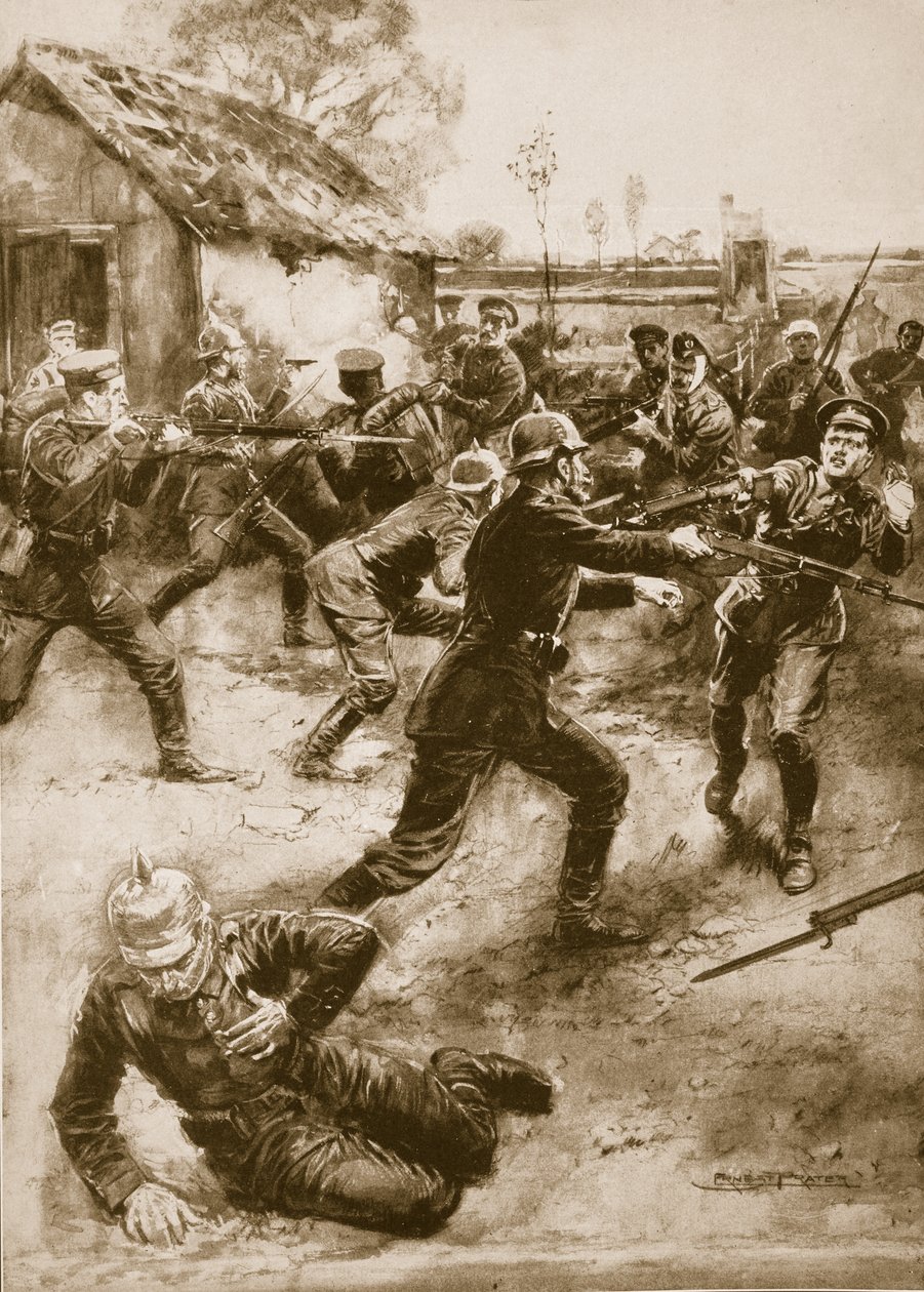 Yaralı askerler, Yorkshire hafif piyadelerinin Alman yiğitliği için saldırıyor, 1914-19 by Ernest Prater