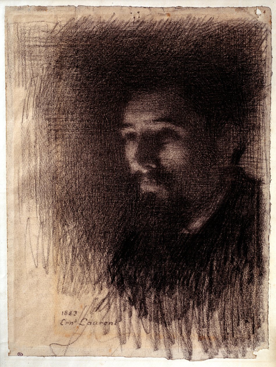 Ressam Georges Pierre Seurat'ın portresi. Laurent Ernest (1858-1929) tarafından beyaz kağıt üzerine karakalem çizimi by Ernest Joseph Laurent
