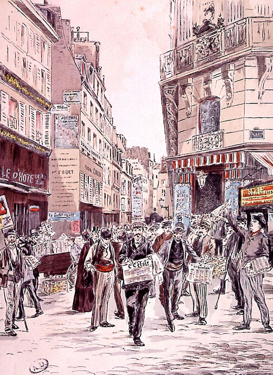 1893'te Paris sokaklarında gazete satıcıları, gravür by Ernest (after) Grenier