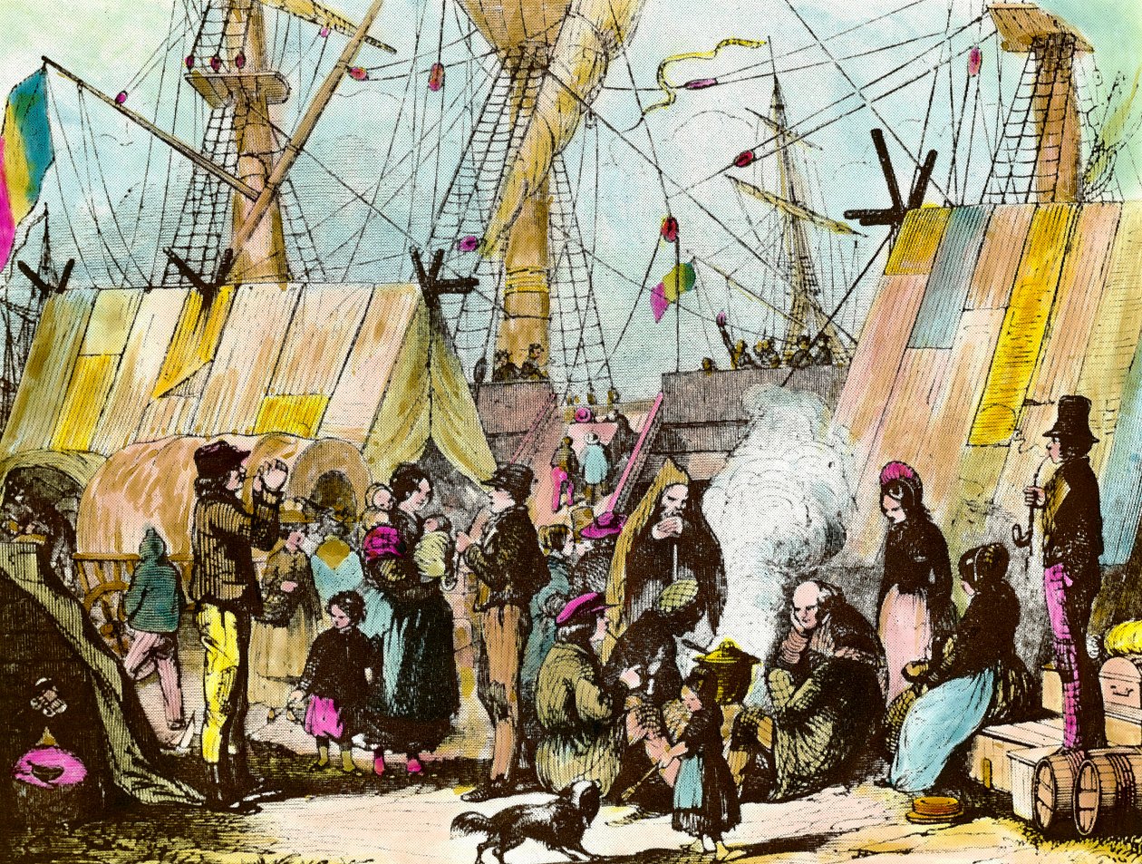 Göçmen aileleri Le Havre limanında kamp kurdu. Ernest Charton (1813-1905) gravürü 19. yüzyıl Özel Koleksiyon gravürü by Ernest Charton
