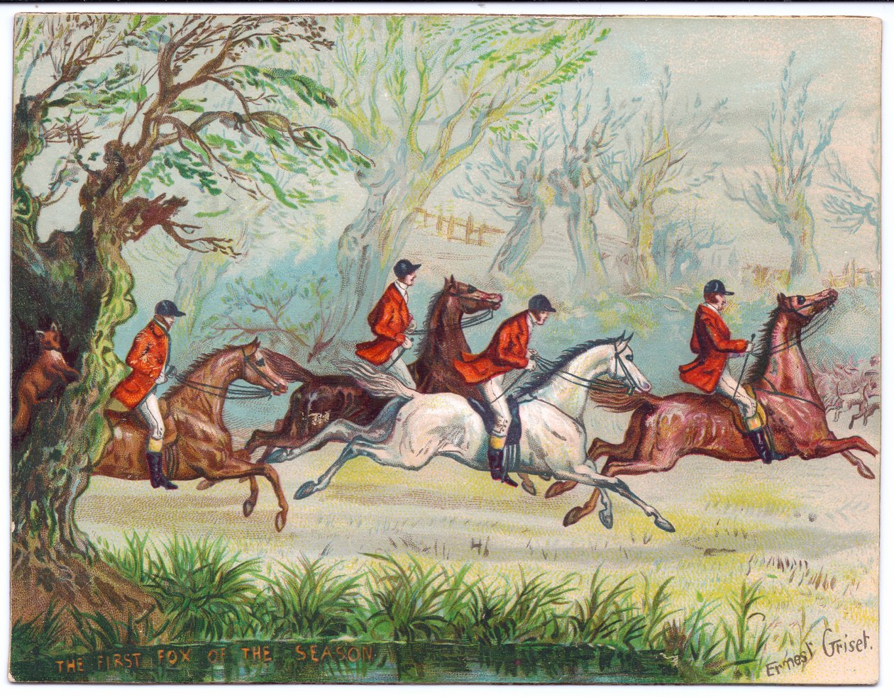 Tilki bir ağaçta saklanırken yarışan tilki avcılarının Viktorya dönemine ait bir tebrik kartı, 1880 dolayları by Ernest Henry Griset