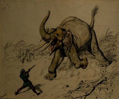Elephant Shoot (kalem ve mürekkep, kağıt üzerine sulu boya) by Ernest Henry Griset