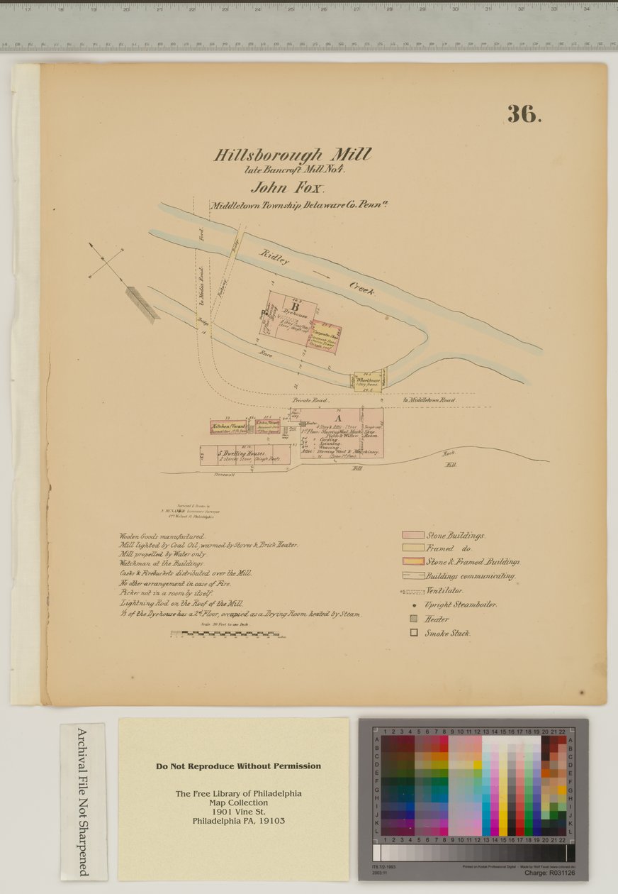 Hillsborough Mill için plan, Middletown Township, Delware, 'Hexamer General Surveys'den çizim (kağıt üzerinde yıkamalı kalem ve mürekkep) by Ernest Hexamer