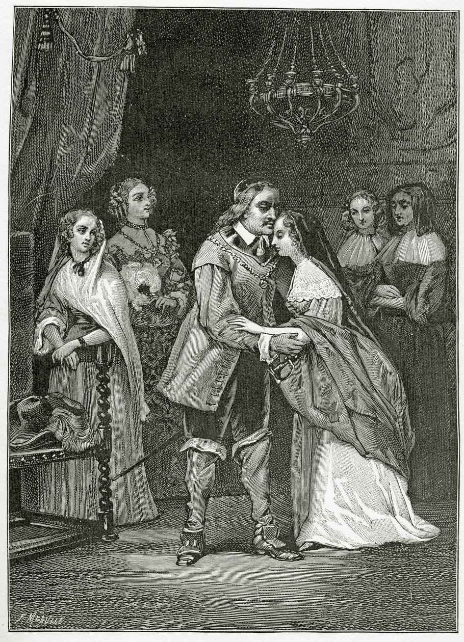 Cromwell ve kızları, 19. Yüzyıl (bw gravürü) by Ernest Hillemacher