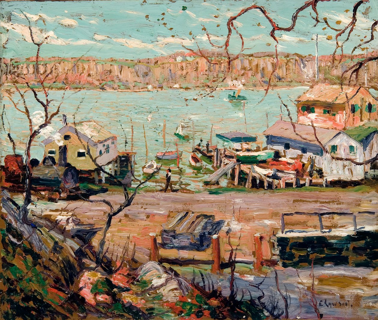 Nehir Manzarası – Tekneler ve Evler by Ernest Lawson