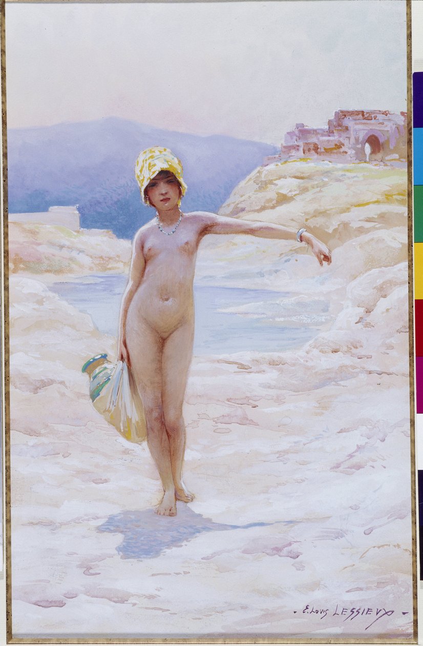 Cezayirli kızın testisi var Çölde bir vahanın su kaynağının yanında bir sürahi su takan şapkalı çıplak bir kız. Suluboya, Louis Ernest Lessieux (1874-1925) Zorunlu söz: Koleksiyon fondasyonu, de Provence, Marsilya