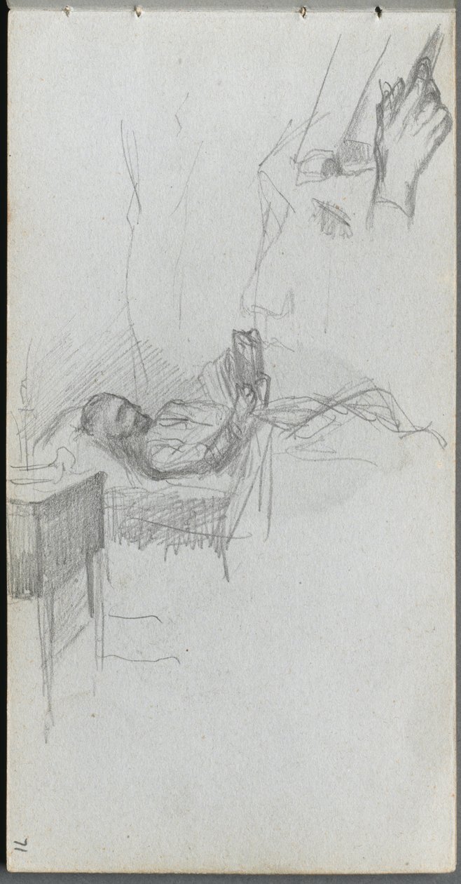 Eskiz defteri, sayfa 71: Yatakta Okuyan Bir Figürün Çalışması, Bir Elin Çalışması. by Jean Louis Ernest Meissonier
