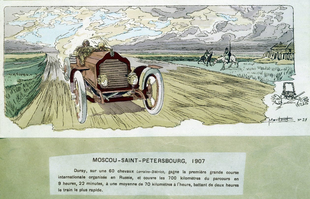 Motor yarışı: Moskova - St Petersburg, yaklaşık 1900 - Ernest Montaut (1878-1909) tarafından çizim. by Ernest Montaut