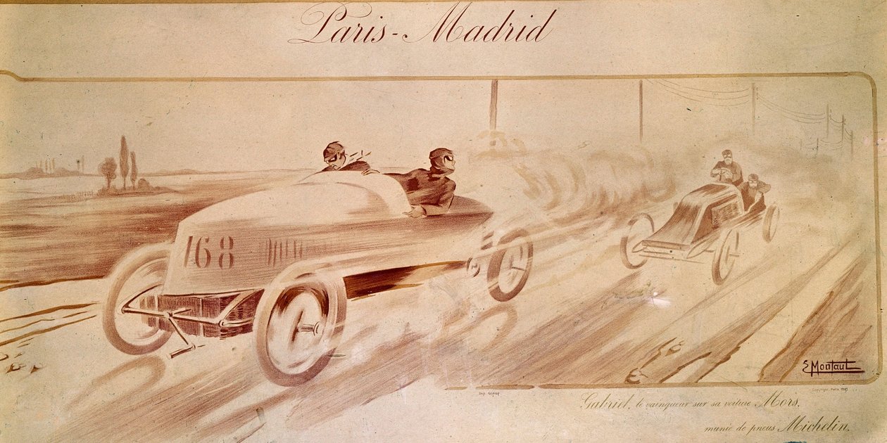 Motor yarışları: “Paris Madrid”: Michelin lastikleriyle donatılmış Mors yarışında Gabriel galibi "” Çizim 1903 by Ernest Montaut