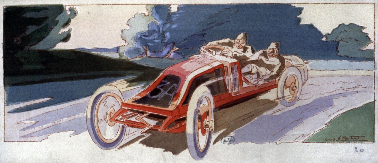 Szisz, ACF Grand Prix galibi Renault arabasında, c. 1910 (çizim) by Ernest Montaut