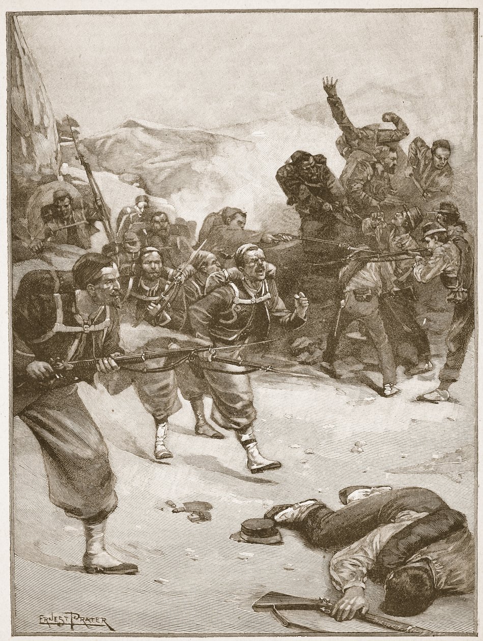 Zouaves, barikatlardan birini, Archibald Forbes, GA Henty ve Binbaşı Arthur Griffiths'in 'Ondokuzuncu Yüzyıl Savaşları'ndan bir örnek olan gösterişli bir süngü hücumuyla aldı. by Ernest Prater
