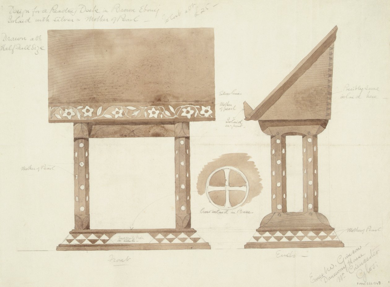 Gümüş ve Sedef işlemeli Kahverengi Abanoz Okuma Masası Tasarımı, c.1905-15 (kağıt üzerinde kalemle wc) by Ernest William Gimson