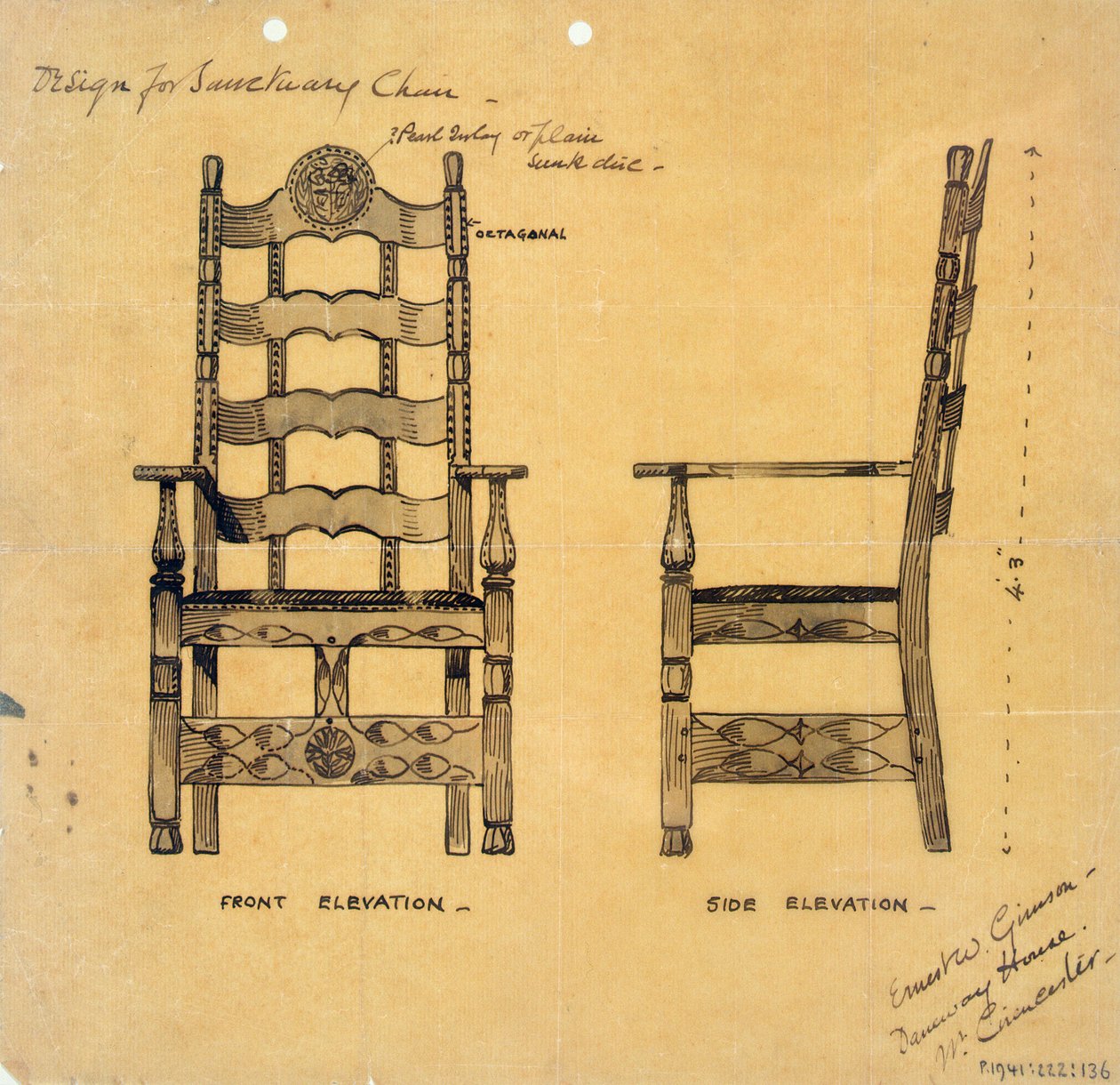 Sanctuary Chair için Tasarım, c.1905-25 (kağıt üzerinde kalem ve mürekkeple yıkama) by Ernest William Gimson
