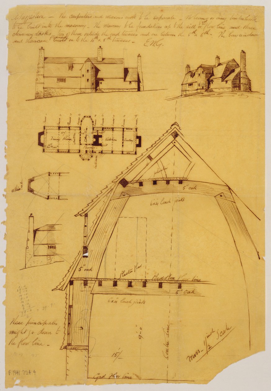 Evin görünümü, planı ve detayı (kağıt üzerine mürekkep ve kurşun kalem) by Ernest William Gimson