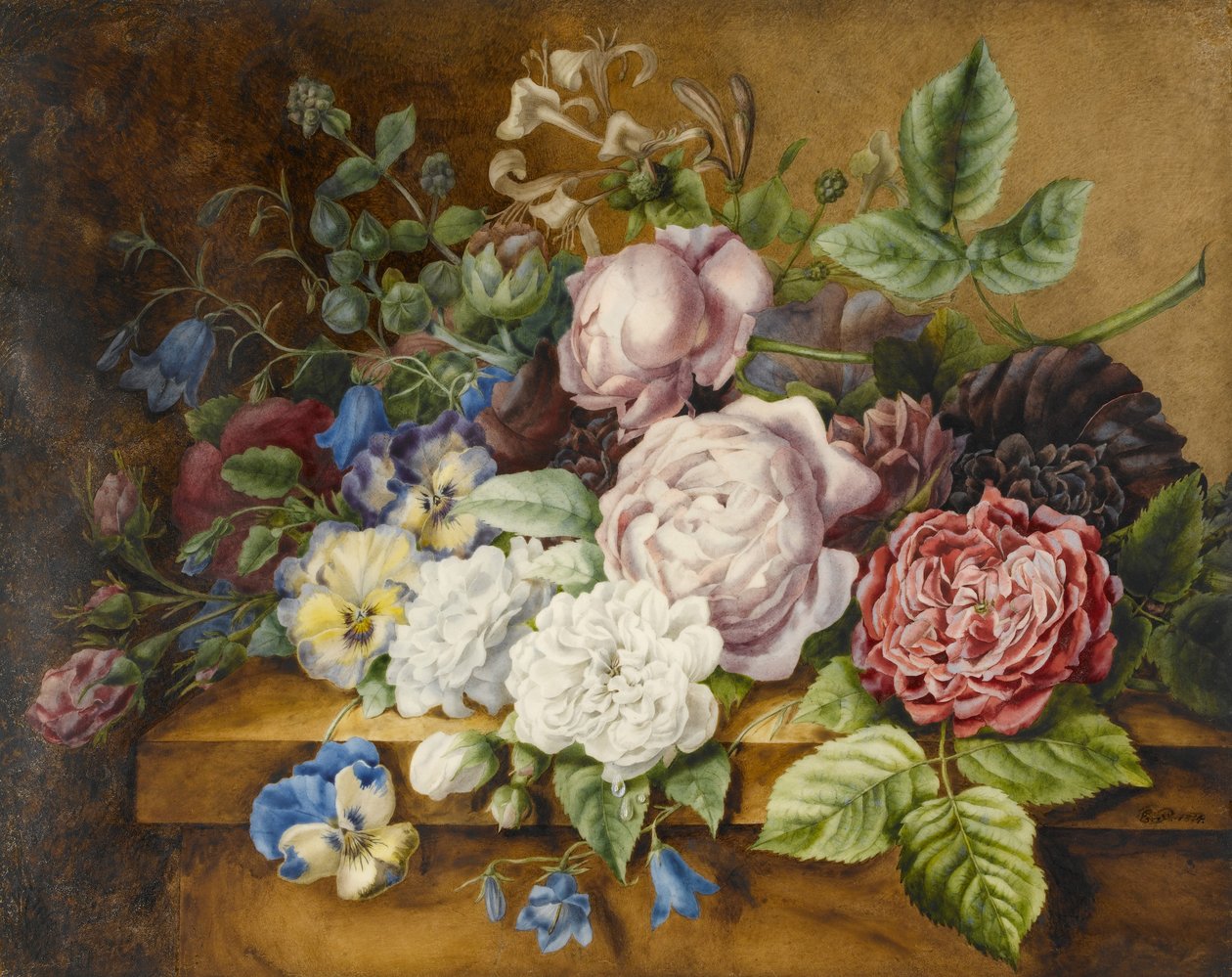 Çıkıntıdaki Çiçekler, 1814 (kağıt üzerinde wc ve gövde rengi) by Ernestine Panckoucke