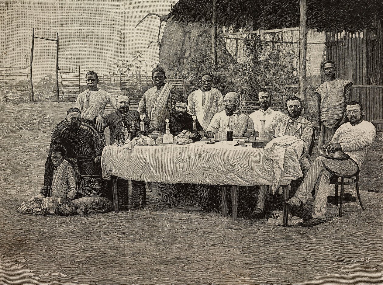Boma, Demokratik Kongo Cumhuriyeti'ndeki İtalyan konsolosluğunda kölelik karşıtı toplum ziyafeti, L'Illustrazione Italiana'dan Giuseppe Corona'nın fotoğrafından Ernesto Mancastropa tarafından gravür, No 43, 26 Ekim by Ernesto Mancastroppa