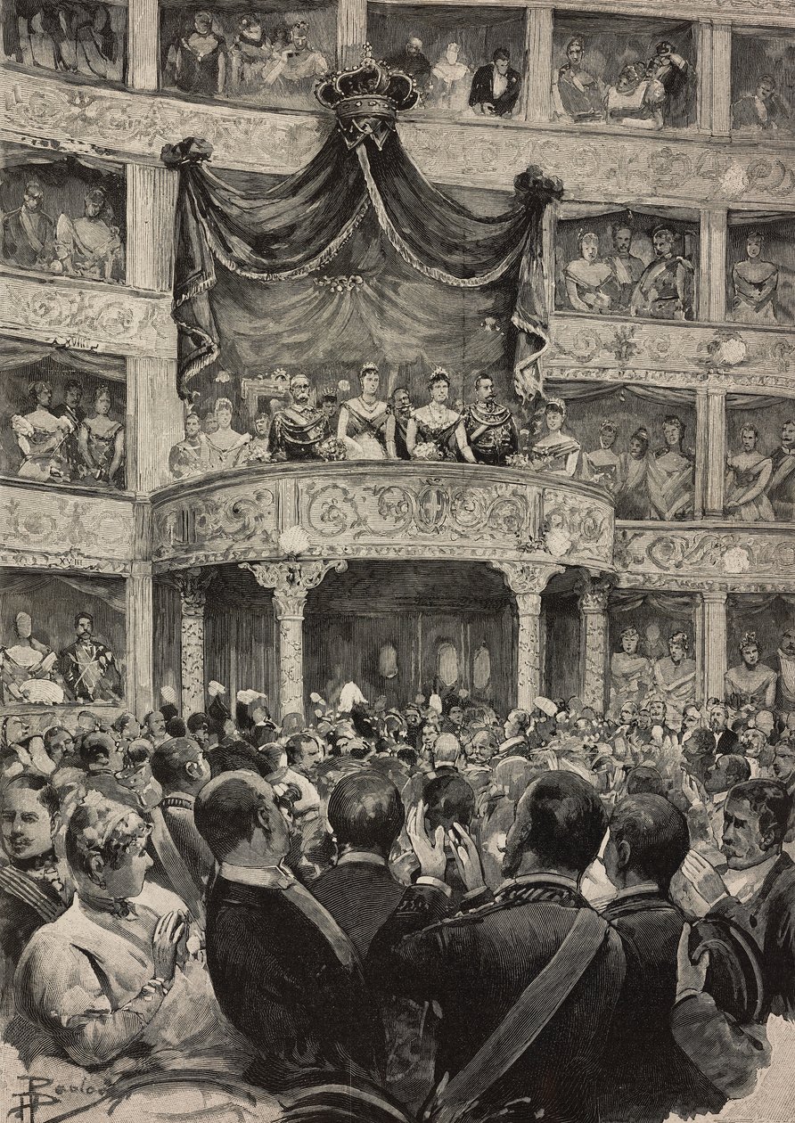 Umberto I ve Savoylu Margherita, Almanya hükümdarları eşliğinde Arjantin Tiyatrosu'nda gümüş düğün kutlamaları vesilesiyle, 21 Nisan by Ernesto Mancastroppa