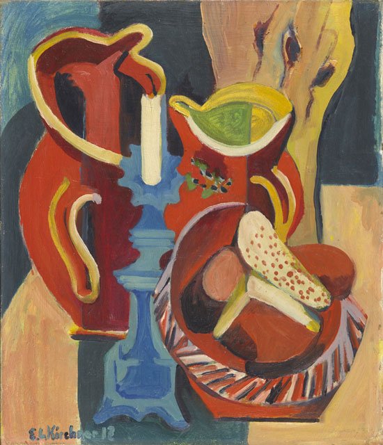 Sürahiler ve mumlar ile natürmort by Ernst Ludwig Kirchner